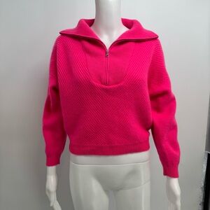 Filoro 100% Cashmere 2 Ply Hot Pink Sweater Size M 1/2 Zip Ribbed Cropped